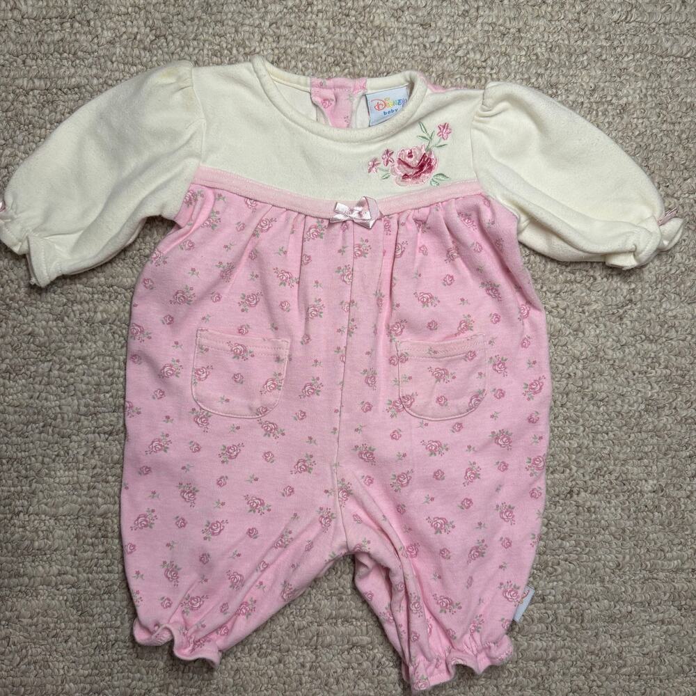 Vintage Disney Baby Rainbow Tag Pink Floral Romper Rose One Piece 0-3m